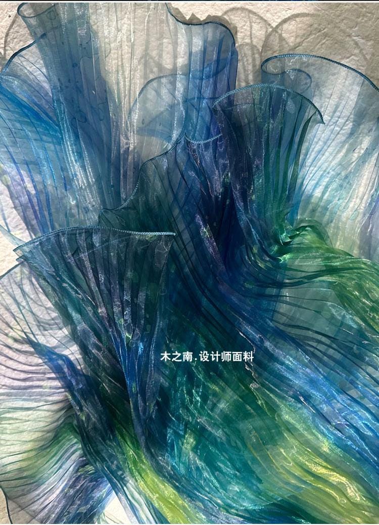 Smudged Sea Wave Organza Fabric: Accordion Pleated Laser Design, 55" Wide