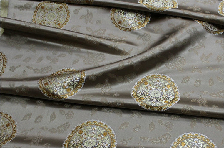 Tissu brocart de soie : style sino-mongol, bleu sarcelle et or (au mètre)