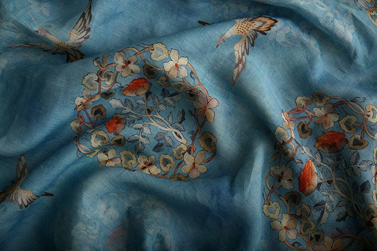 Floral Bird Print Ramie Fabric: Turquoise Ink, 57" Wide