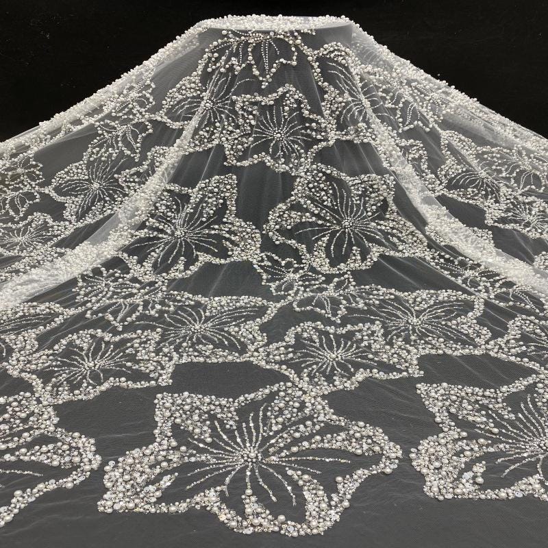 Pearl & Sequin Embroidered Fabric ��� 4/6/8mm Beads, Luxury Bridal Gown Material, Wedding Dress, Couture Sewing, High-End Fashion Fabr"W