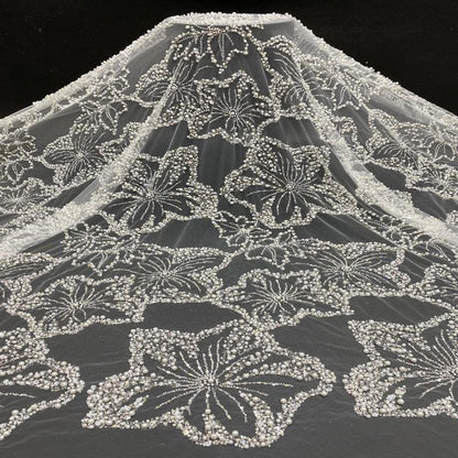 Pearl & Sequin Embroidered Fabric ��� 4/6/8mm Beads, Luxury Bridal Gown Material, Wedding Dress, Couture Sewing, High-End Fashion Fabr"W