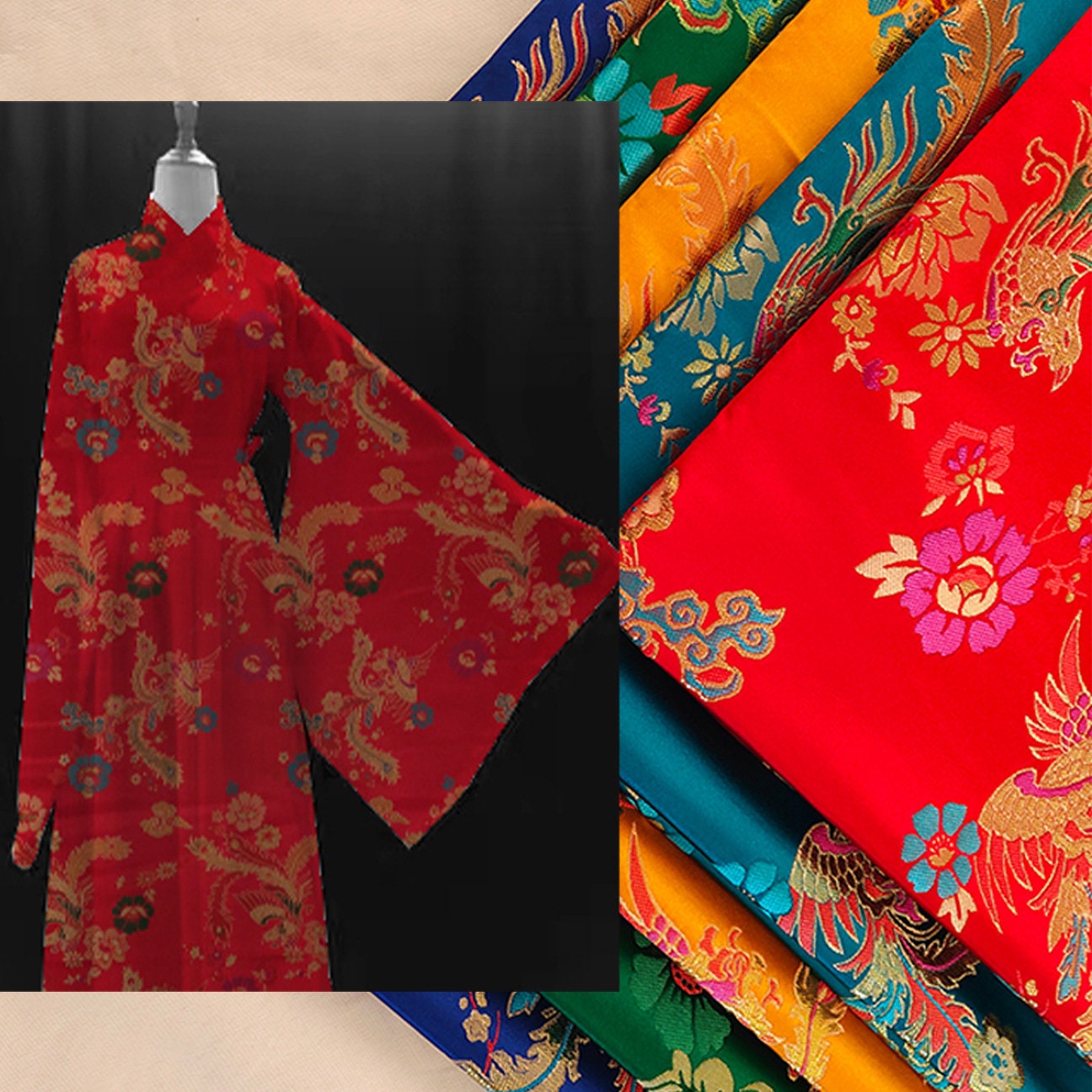 29.5"W Birds Fabric, A hundred birds are paying homage to a phoenix pattern Jacquard Satin Fabric, Upholstery, Quilting and Sewing fabric