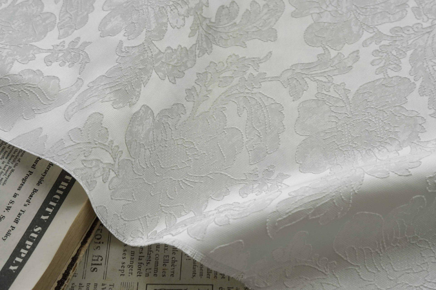 Pure white floral jacquard with subtle embossed patterns, Sewing, Upholstery, 61"Wide