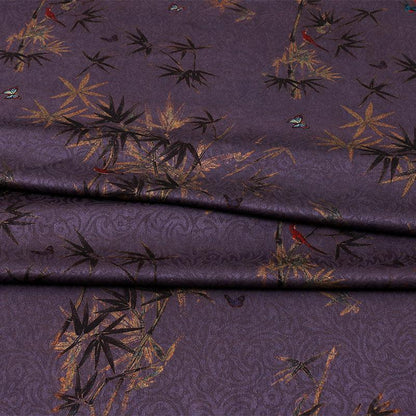 Red Peony & Bamboo Leaf Printed Chiffon Fabric ��� Elegant Flowing Materi"Wide