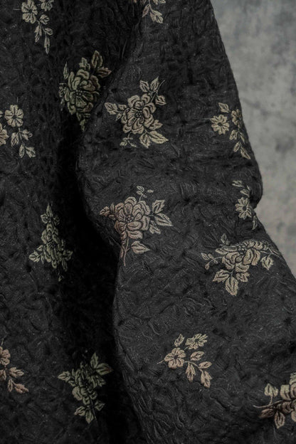 Embossed Jacquard Fabric: Black with Brown Floral Design, 59" Wide