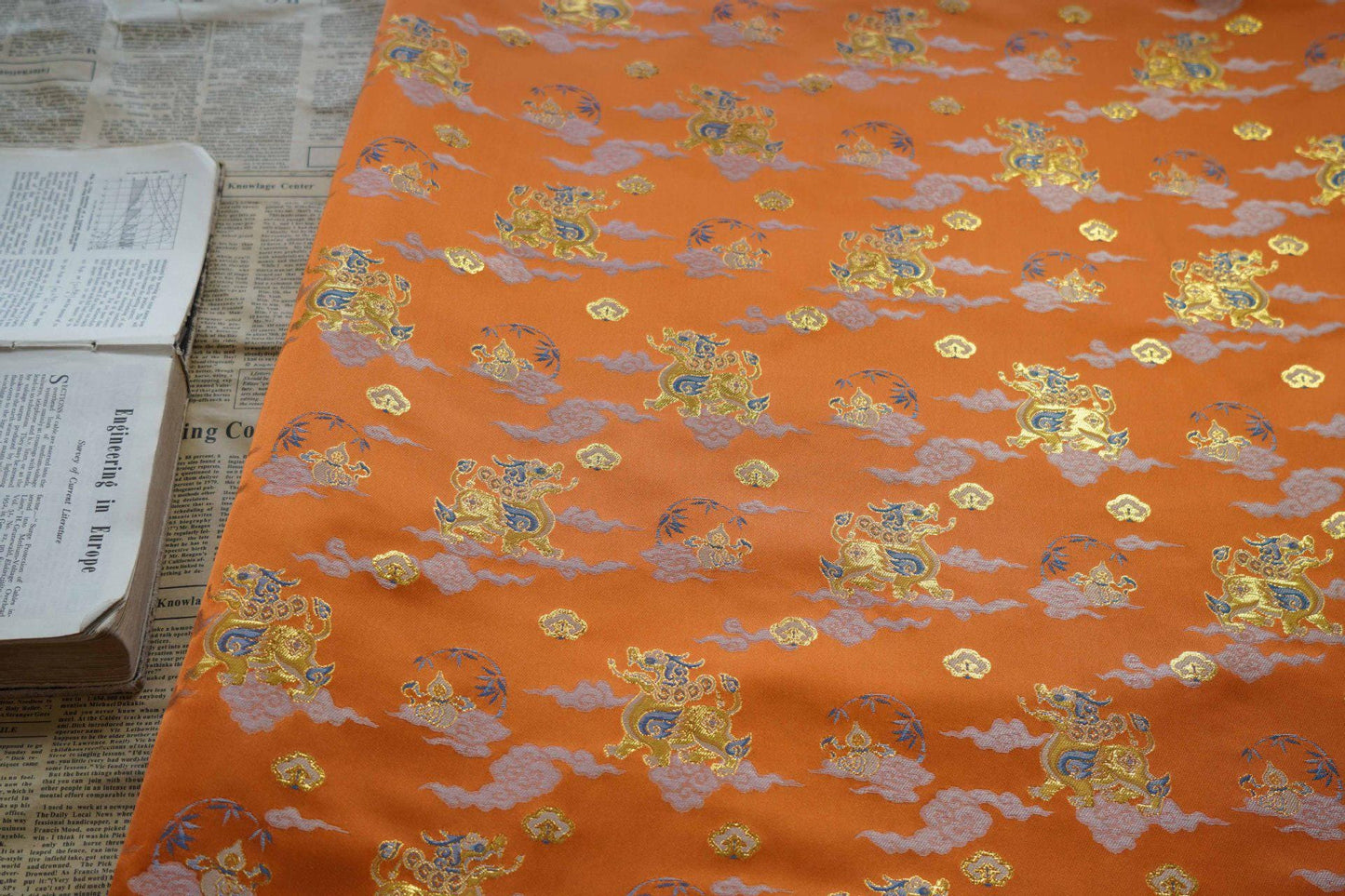 Gold Thread Brocade Fabric: Mongolian Tibetan Style, 60"W, By The Meter