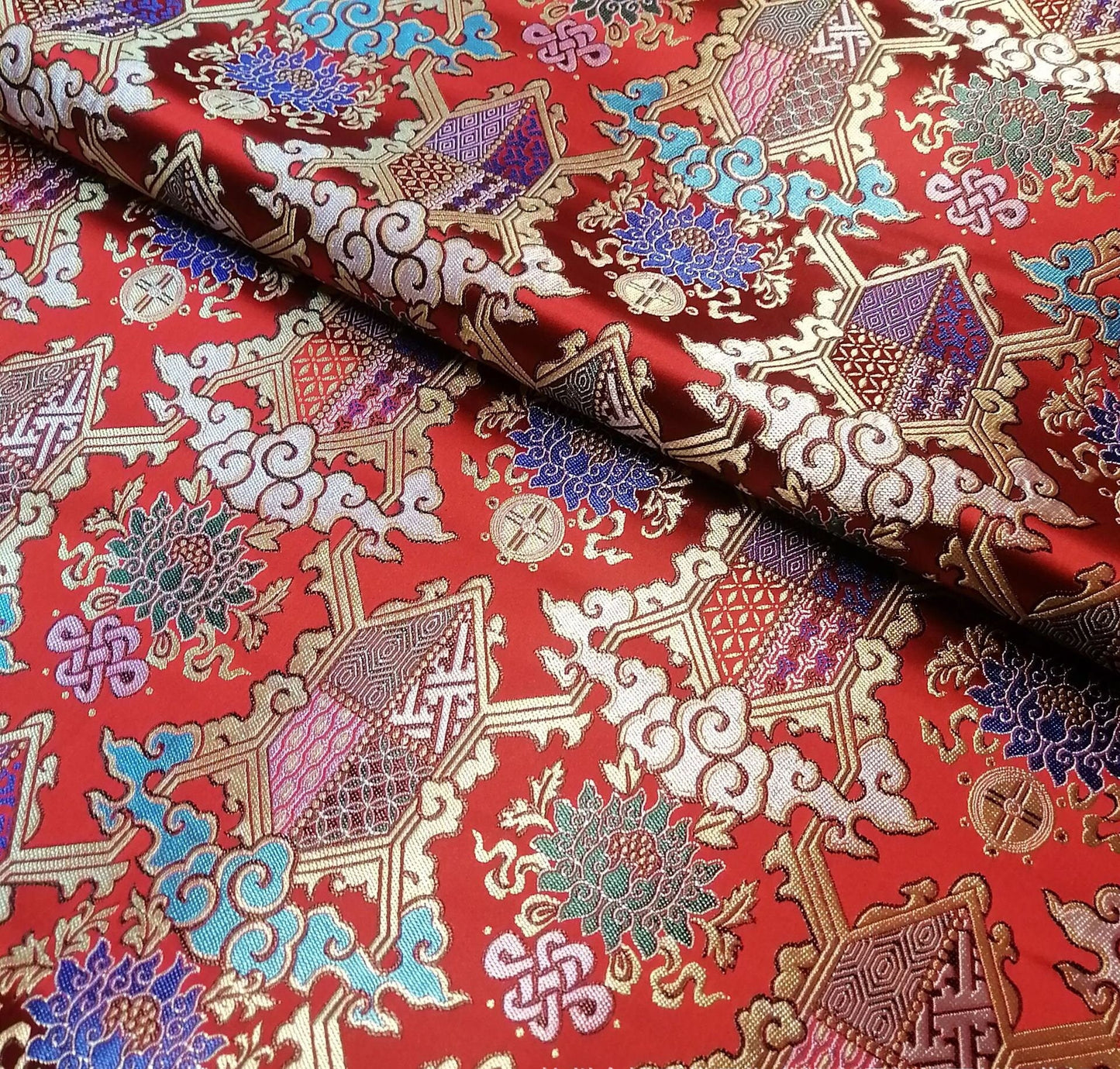 Lotus Brocade Fabric: 29.5"W Tibetan Damask Rayon for Upholstery & Costume