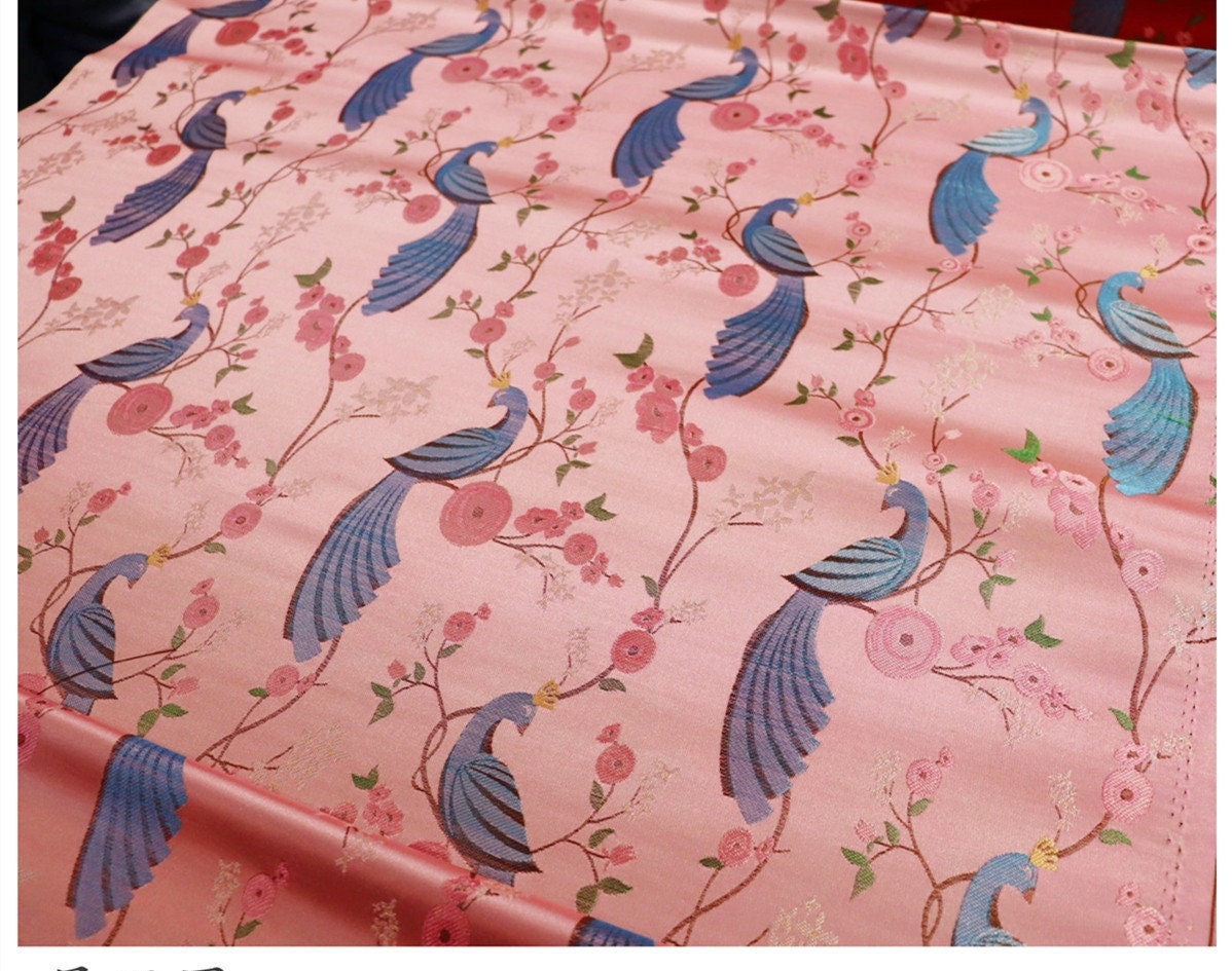 Peacock Bird Damask Fabric: 29.5"W Jacquard Satin Brocade