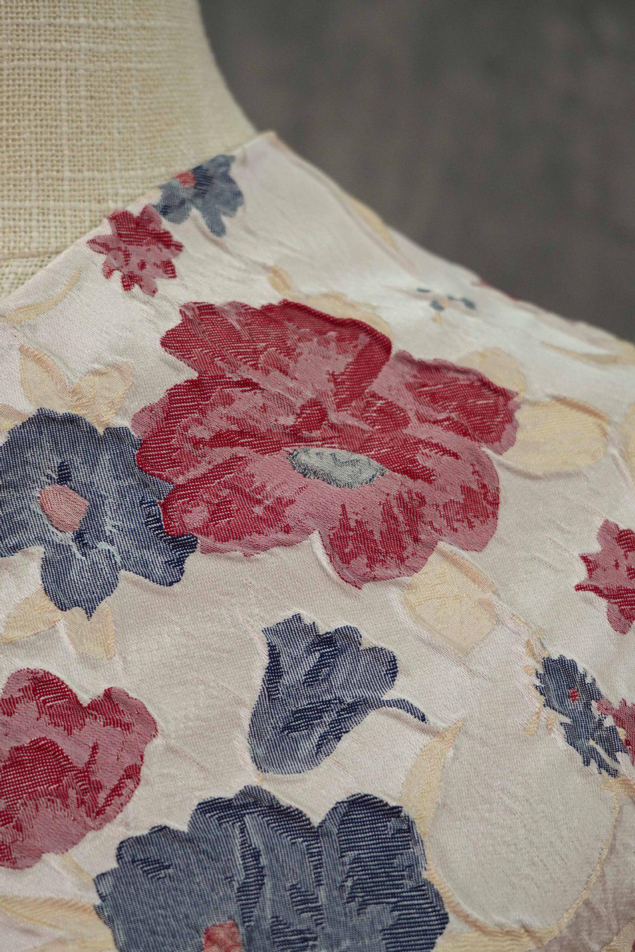 Reversible Jacquard Woven Fabric: Blue Red Embossed Flower, 60" Wide