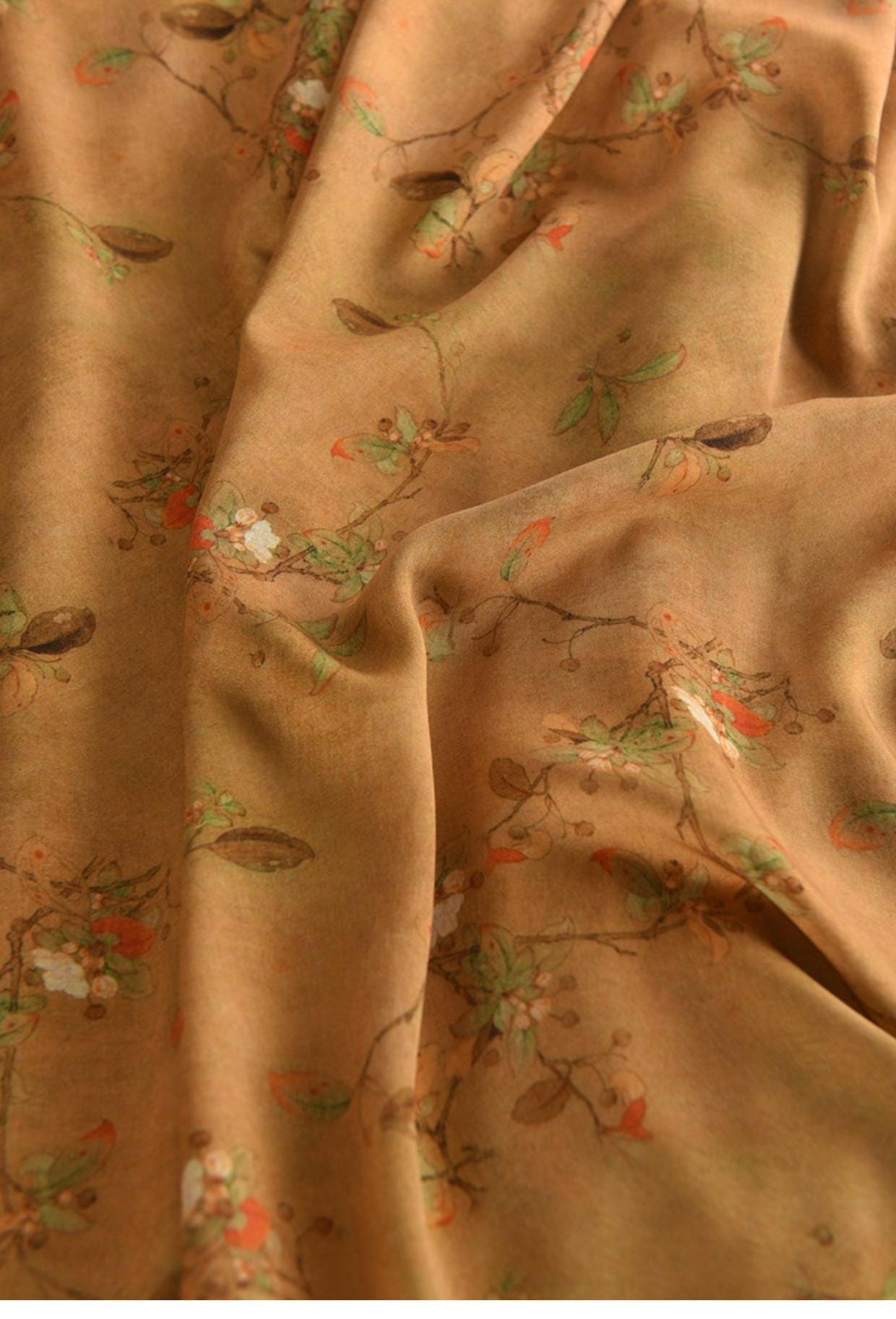Tissu en coton à motif floral : style peinture à l’encre de Chine, 140 cm de large