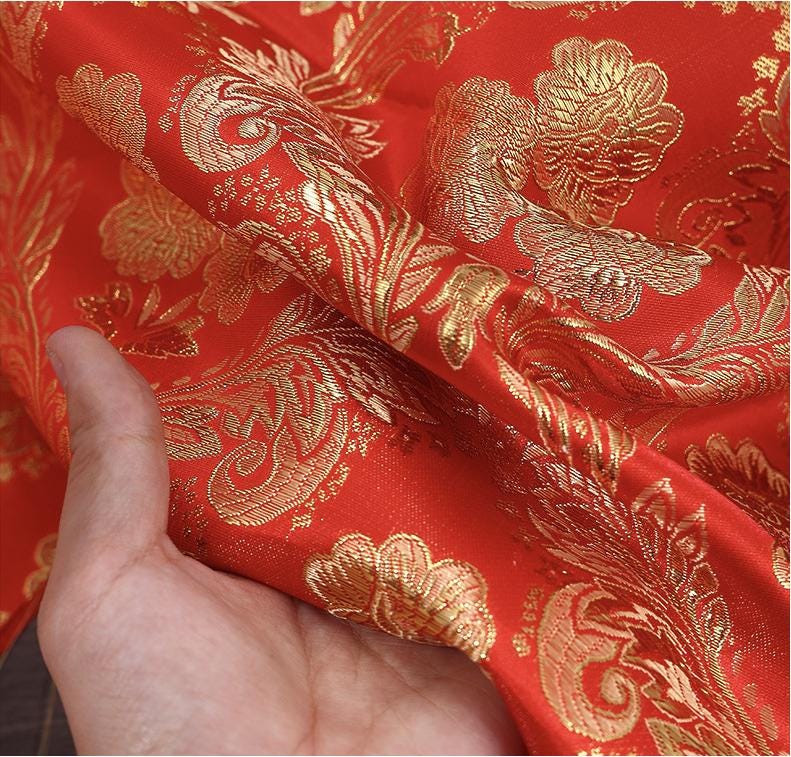 Red & Gold Phoenix Jacquard Satin Brocade Fabric - Chinese Wedding Dress