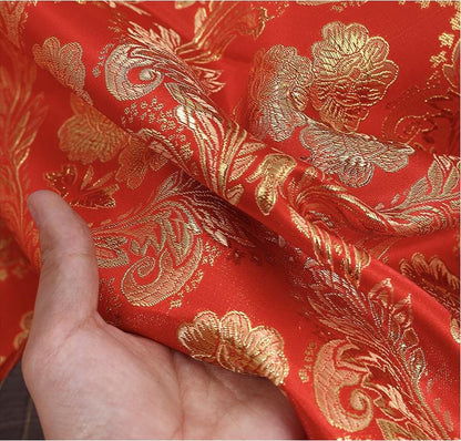 Red & Gold Phoenix Jacquard Satin Brocade Fabric - Chinese Wedding Dress
