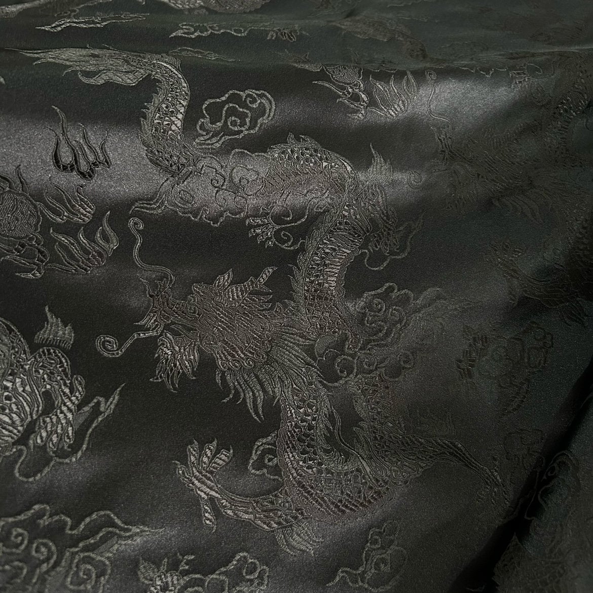 Black Silk Brocade Fabric: Big Dragon Design, 29.5"W - By The Meter