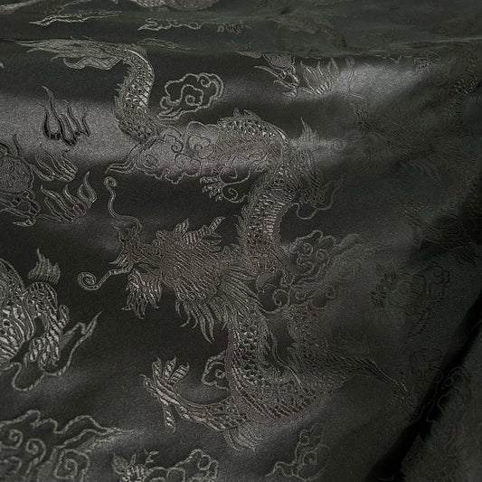 Black Silk Brocade Fabric: Big Dragon Design, 29.5"W - By The Meter