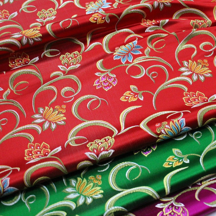 Lotus Jacquard Silk Brocade Fabric: Red, Green, Hot Pink - 29.5" Width
