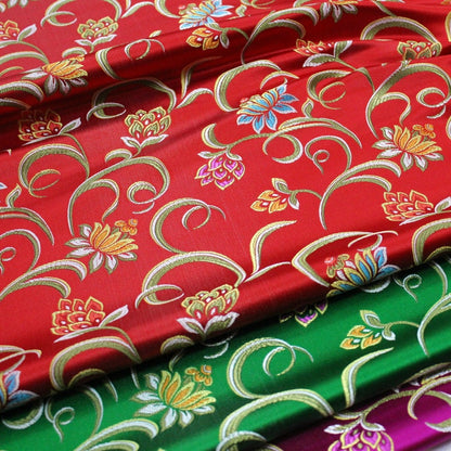Lotus Jacquard Silk Brocade Fabric: Red, Green, Hot Pink - 29.5" Width