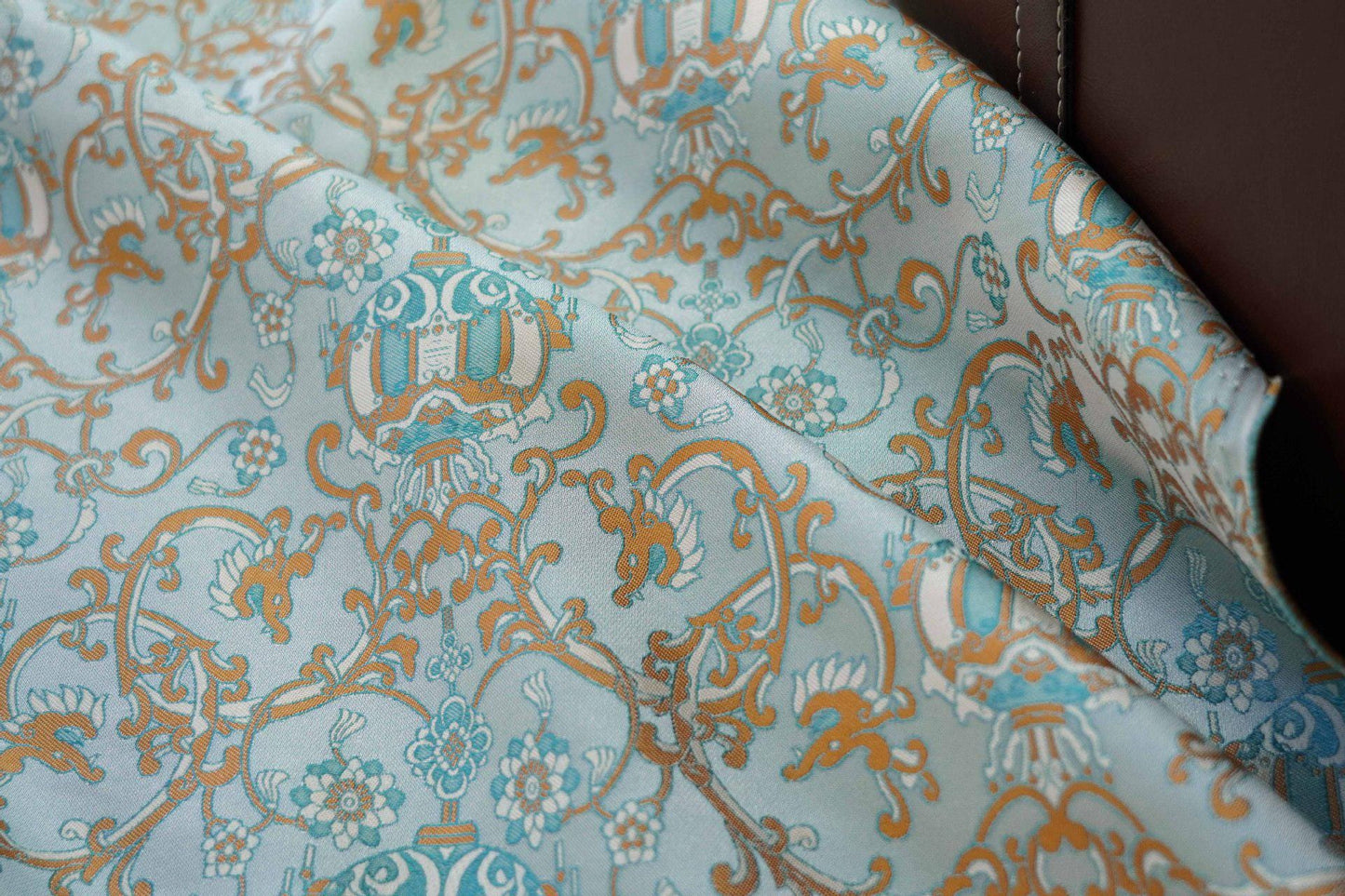 Aqua Blue Jacquard Brocade Fabric: Floral Lantern Pattern, 59" Wide
