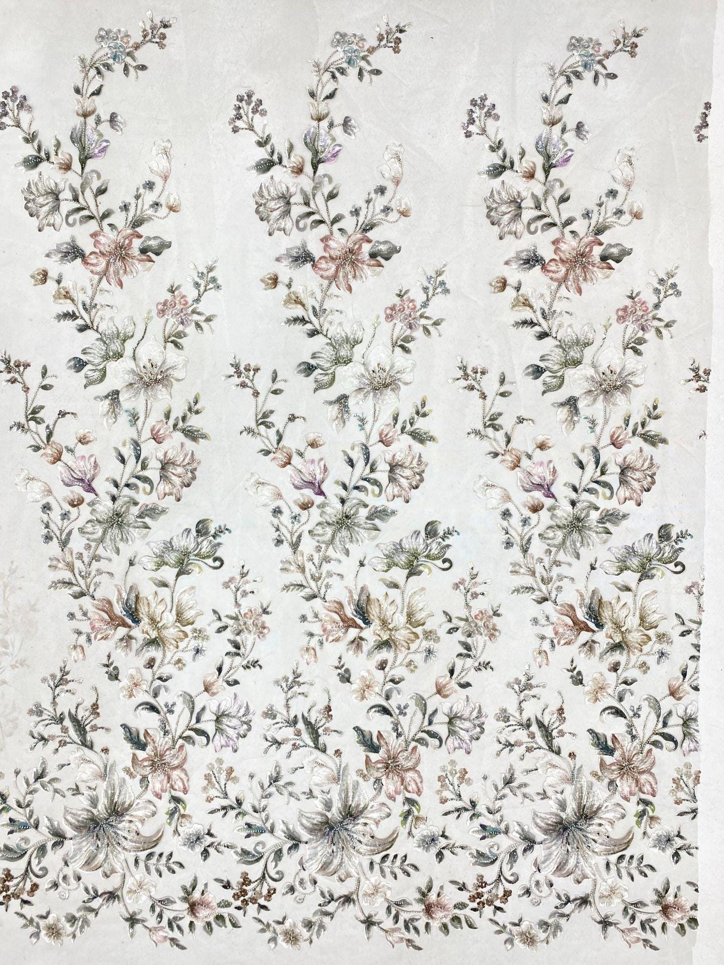 Embroidered Floral Fabric, Beads & Sequins, Cheongsam Dress Material