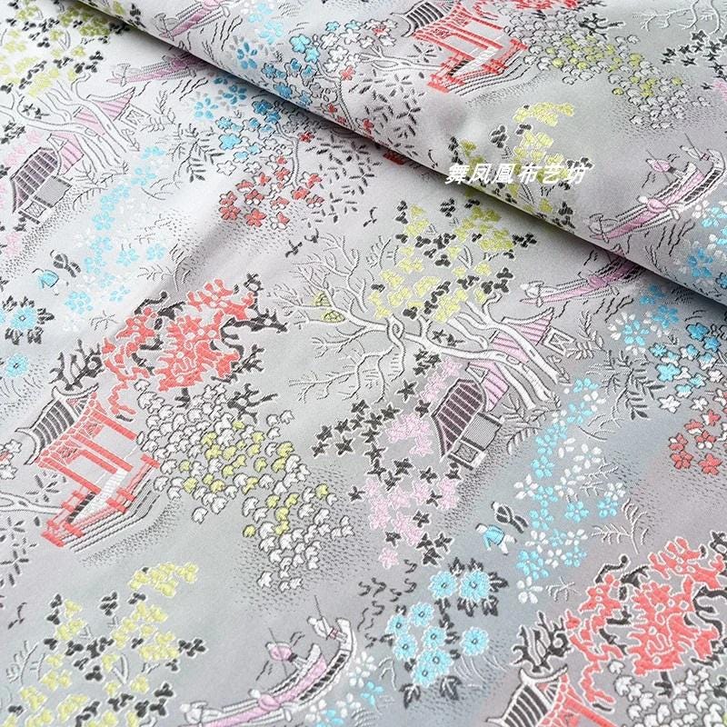 Silver White Brocade Fabric: Ancient Chinese Painting Pattern, 45" Wide