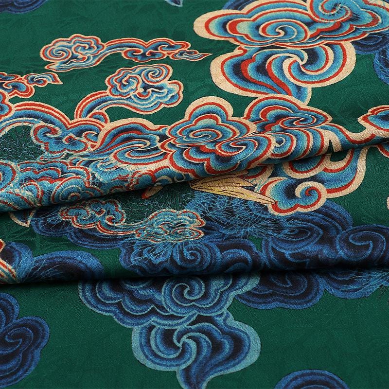 Ancient Xiangyun Tea Silk Satin Fabric: Crane & Cloud Print, 59"W