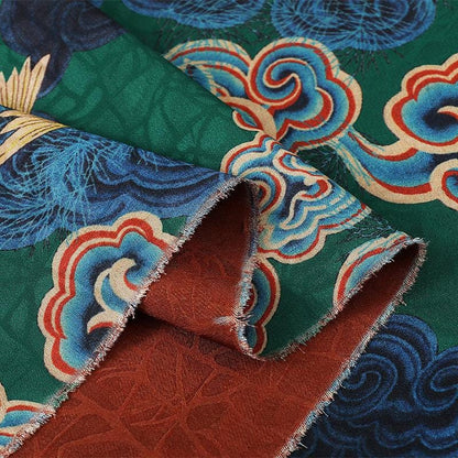 Ancient Xiangyun Tea Silk Satin Fabric: Crane & Cloud Print, 59"W