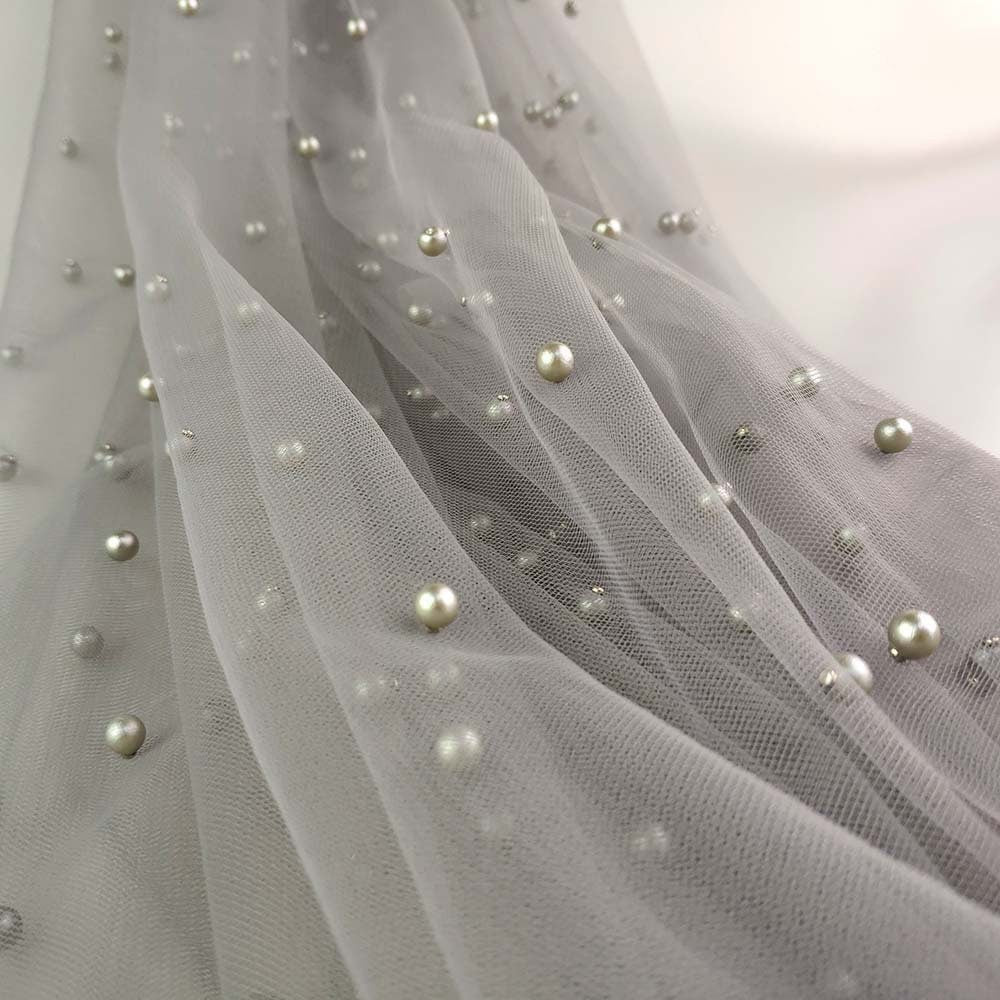 Beaded Pearl Mesh Lace Fabric, Bridal Wedding Veil, 59" Wide