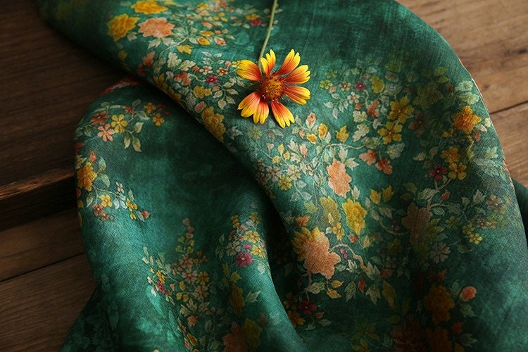 Jade Green Ramie Fabric: Floral Bird Print, 57" Wide