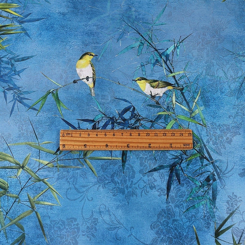 Bird & Tree Print Tea Silk Satin Fabric - 59"W Sewing Material
