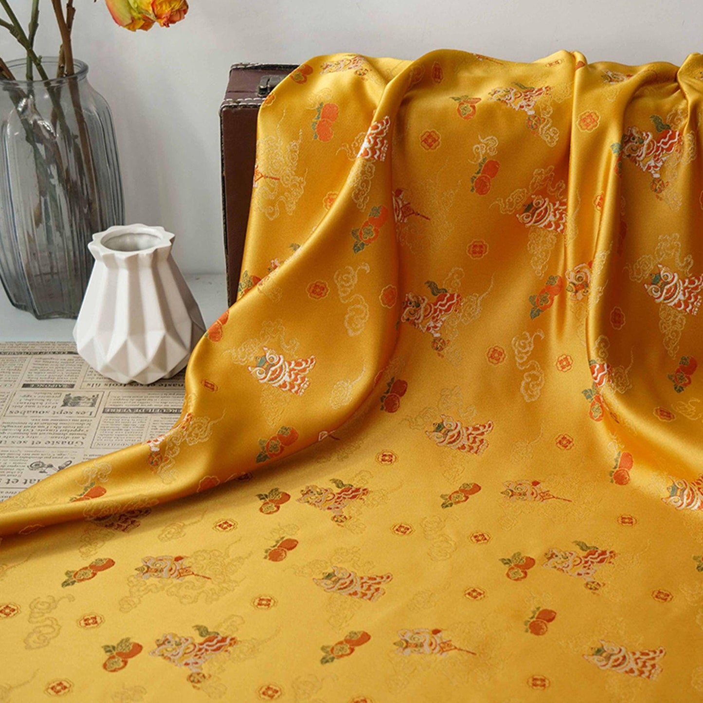 Lion Jacquard Brocade Fabric: 55"W Damask Upholstery, Costume, Decor