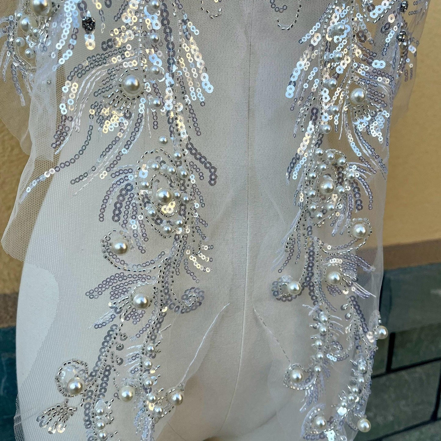 Embroidered Lace Trim: Light Ivory Bridal Wedding Veil with Sequins