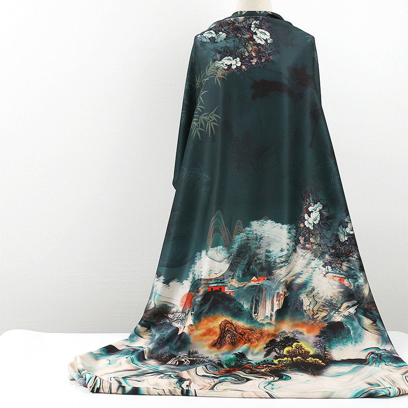 Ancient Painting Tea Silk Satin Fabric: Digital Print Upholstery, Costume, DIY - 59"W