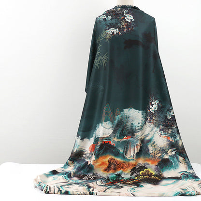 Ancient Painting Tea Silk Satin Fabric: Digital Print Upholstery, Costume, DIY - 59"W