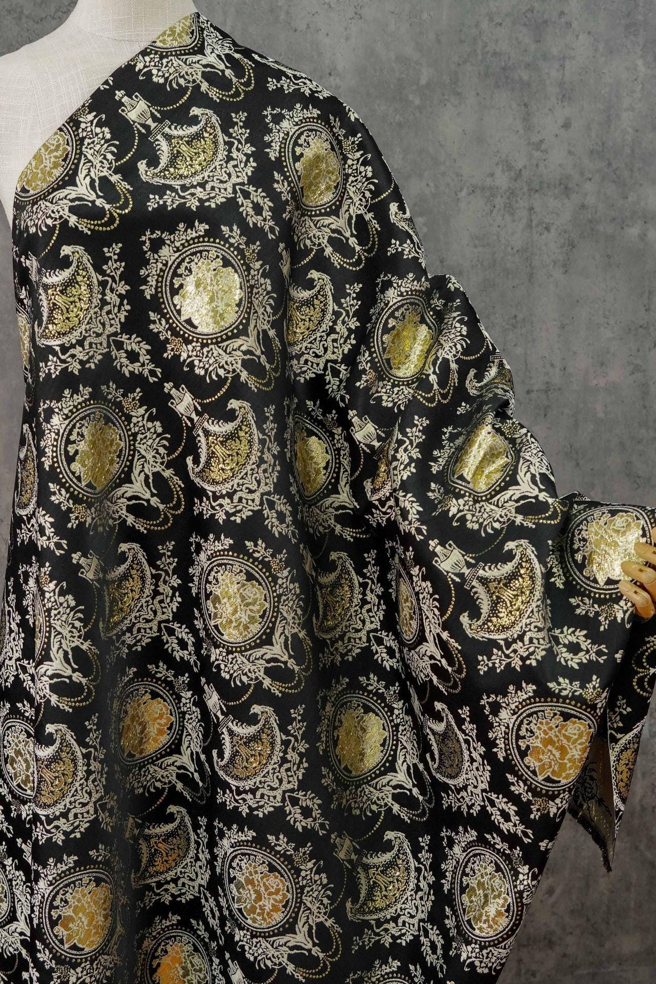 Baroque Floral Jacquard Fabric: Black Gold Upholstery Material - 55"W