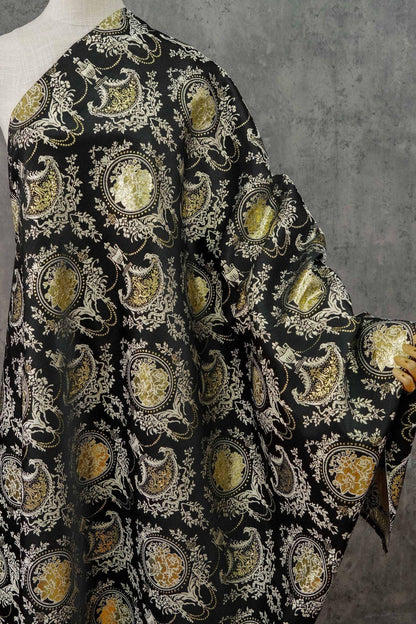 Baroque Floral Jacquard Fabric: Black Gold Upholstery Material - 55"W