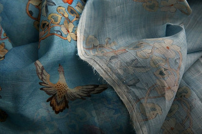 Floral Bird Print Ramie Fabric: Turquoise Ink, 57" Wide