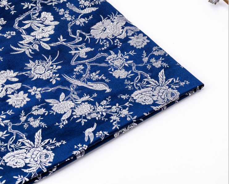 Red Brocade Fabric: Bird Peony Jacquard, Cheongsam Sewing Material (29.5" W)