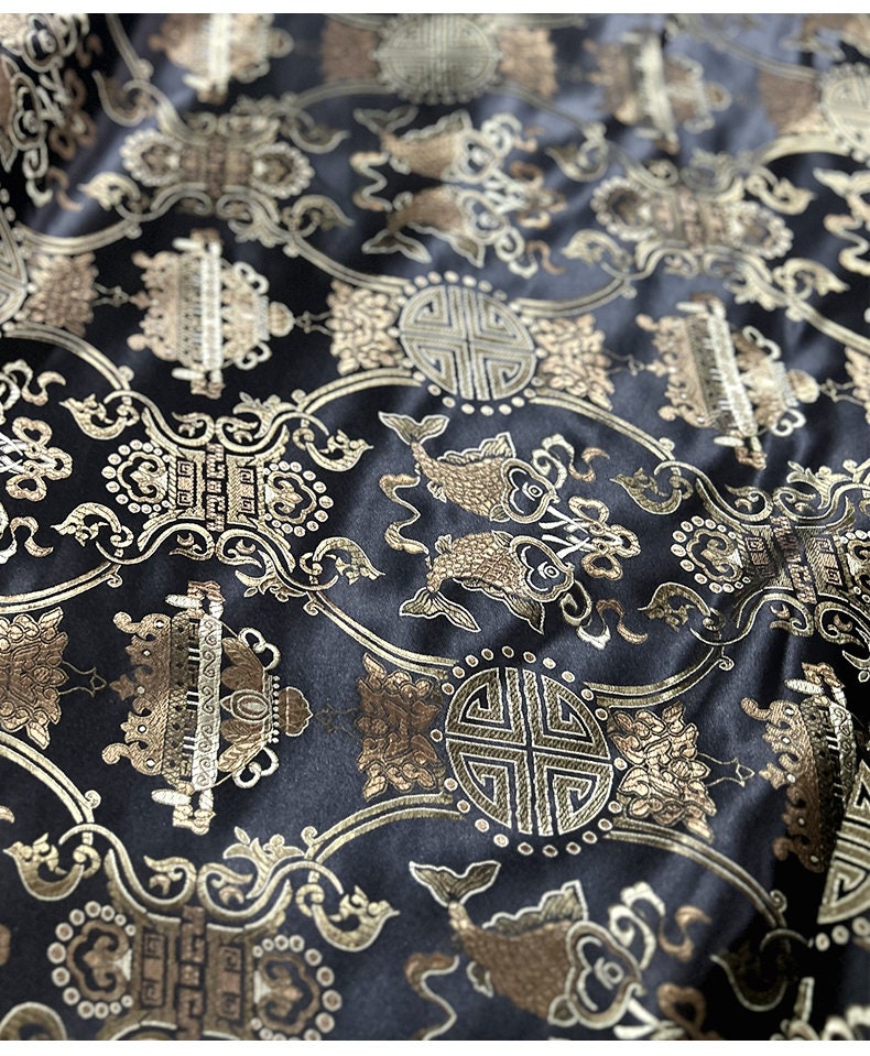 Chinese Silk Brocade Fabric: Pisces Double Fish Decor, 35" Wide