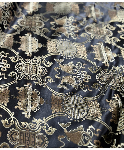 Chinese Silk Brocade Fabric: Pisces Double Fish Decor, 35" Wide