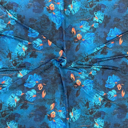 Floral Teal Blue Tea Silk Satin Fabric: 59"W Upholstery & Costume