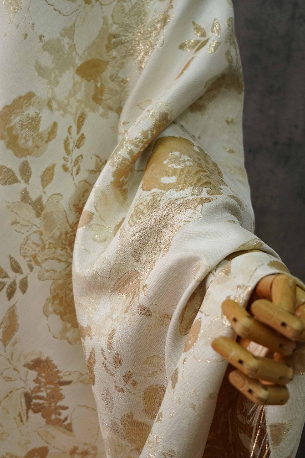Gold Floral Jacquard Woven Fabric: Embossed Upholstery Sewing, 59" Wide