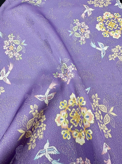 Purple Floral Brocade Fabric: Rayon & Gold Thread Chinese Style Medallion, 55"W