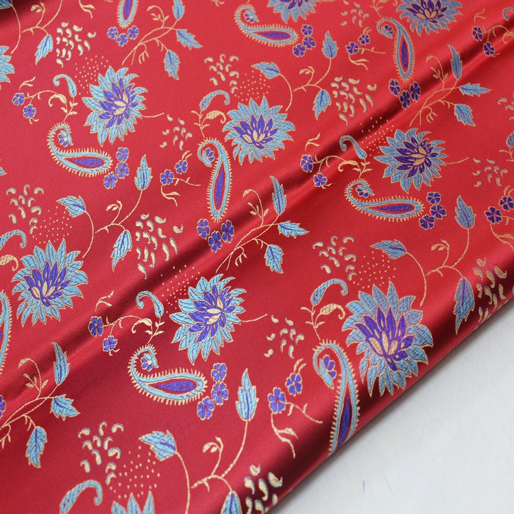 Tissu brocart de soie rouge : 89 cm de large, motif pivoine, tissu de mariage chinois