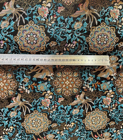 Tissu brocart pivoine phénix - Satin style chinois, 142 cm de large