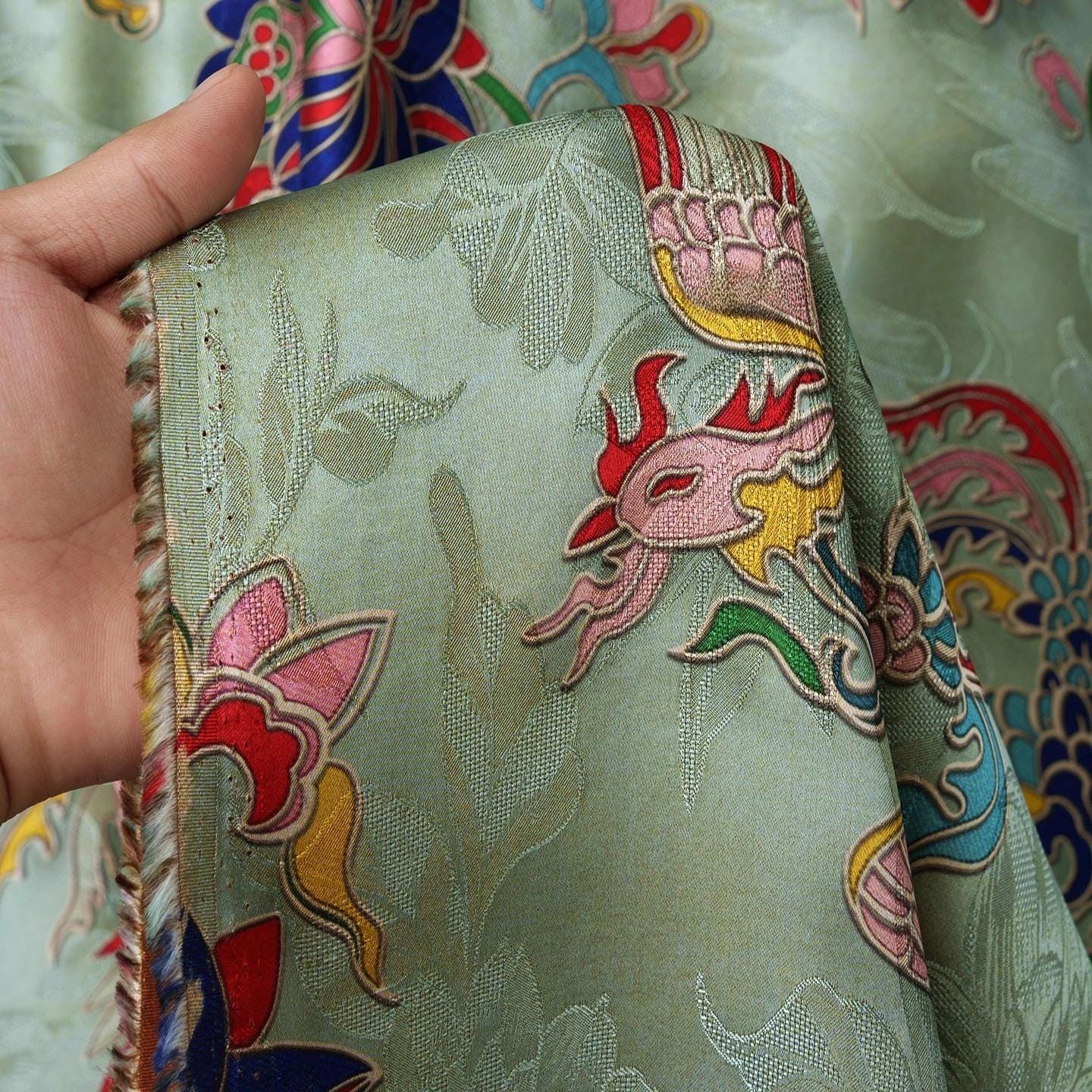 Tissu brocart de soie Phoenix & Lotus : Cheongsam vert clair, costume Tang, Hanfu