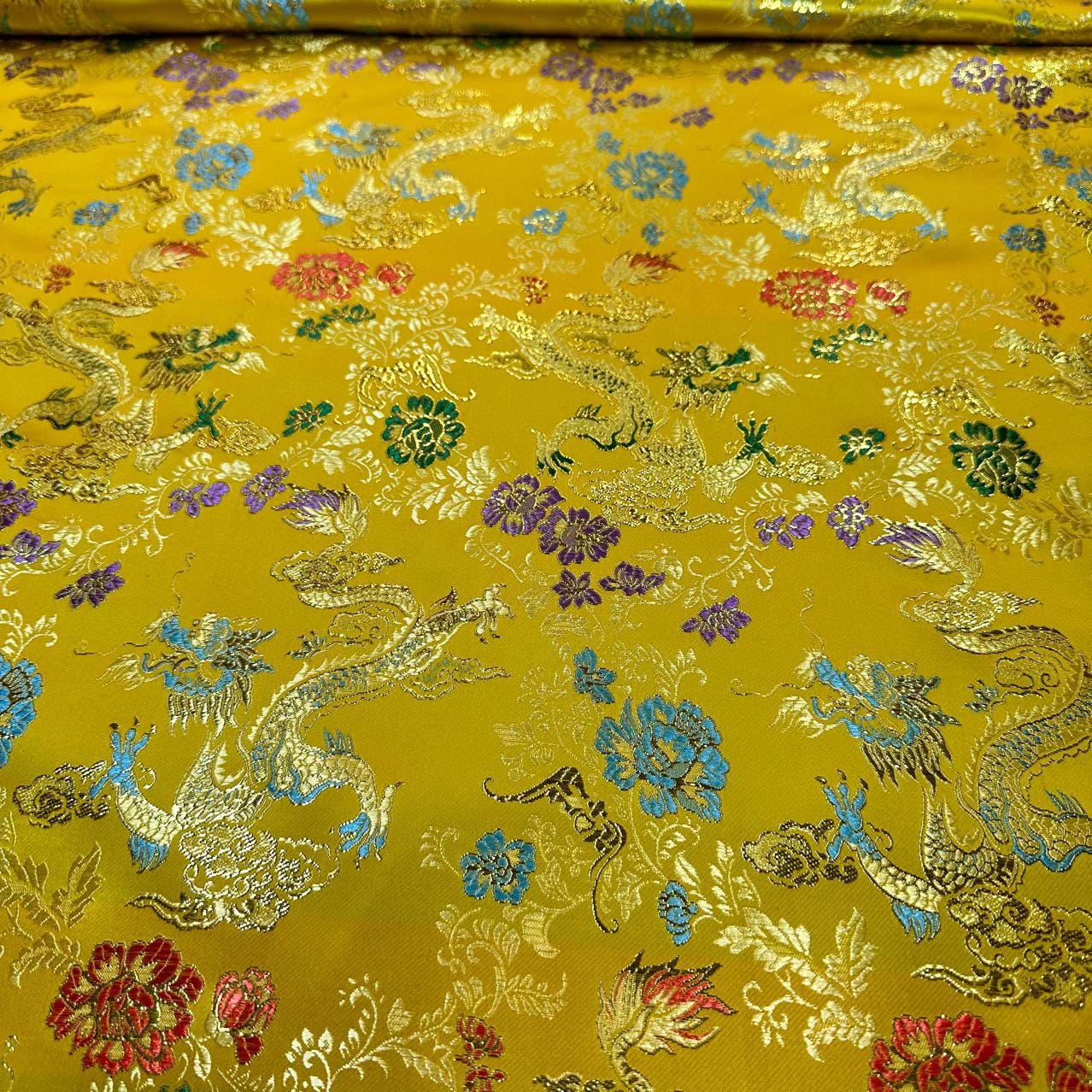 Gold Dragon Silk Brocade Fabric: Wedding Damask, Costume, Decor