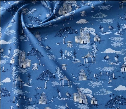 Japanese Blue Cotton Fabric: Floral Print Sewing Material