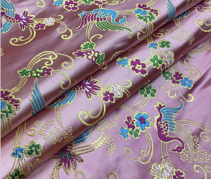 Floral Bird Jacquard Brocade Fabric: Red Silk Blend, 59" Wide