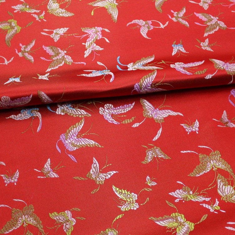 Red Silk Brocade Fabric: Butterfly Floral Jacquard (59"W)