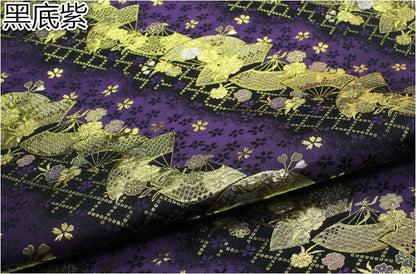 Nishijin Floral Jacquard Brocade Fabric: Black & Purple Silk Rayon Blend