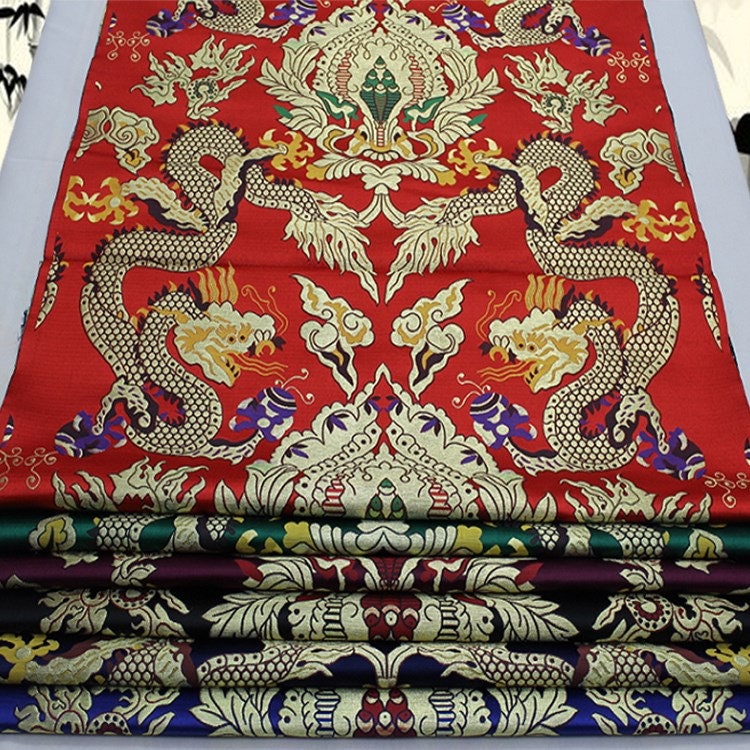 Double Dragon Brocade Fabric: Chinese Cheongsam, Tibetan Robe (Silk Rayon Blend)